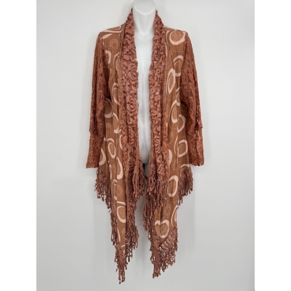 Pretty Angel Cardigan Kimono Jacket S/M Pink Lace Trim Fringe Boho Geometric